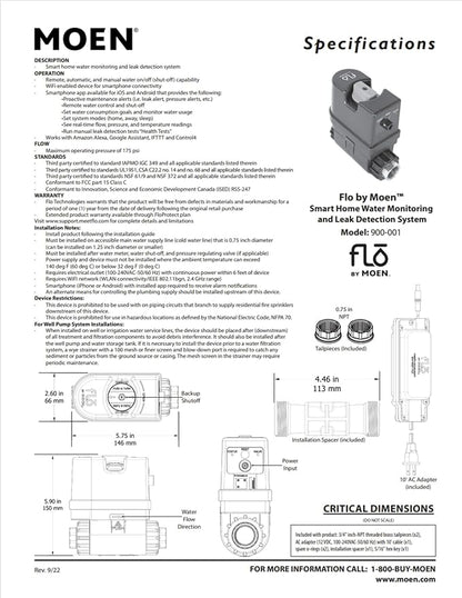Moen Flo Smart Water Monitor and Automatic Shutoff Sensor, Wi-Fi Water Leak Detector for 3/4-Inch Diameter Pipe, 900-001