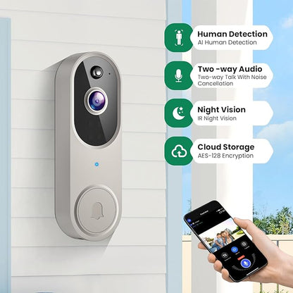 GridTera 1080p Wireless Video Doorbell Camera, AI Human Detection, Live View, Night Vision, Cloud Storage, 2.4G WiFi, Battery Powered, Indoor Outdoor Surveillance (Doorbell Receiver Included (Linen))