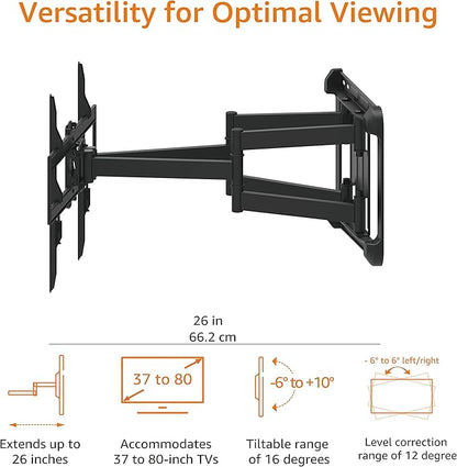 Amazon Basics Heavy Duty Extension Dual Arm, Full Motion Articulating TV Mount for 37" to 80" TVs up to 132 lbs, Fits LED LCD OLED Flat Curved Screens, Black