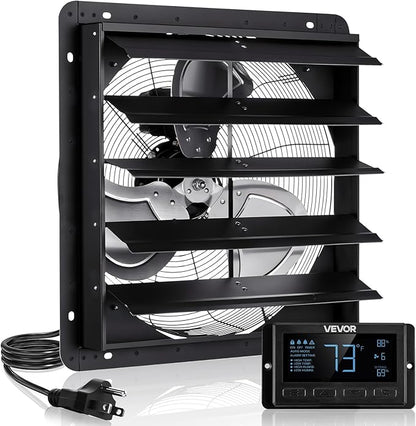 VEVOR 20 inch Shutter Exhaust Fan, Wall Mounted Attic Vent Fan with Smart Programming Variable Speed Temperature Control, 2900 CFM,EC Motor,Timer, for Shed,Garage,Greenhouse Ventilation Cooling,Black