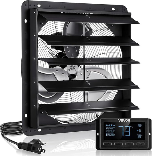 VEVOR 20 inch Shutter Exhaust Fan, Wall Mounted Attic Vent Fan with Smart Programming Variable Speed Temperature Control, 2900 CFM,EC Motor,Timer, for Shed,Garage,Greenhouse Ventilation Cooling,Black