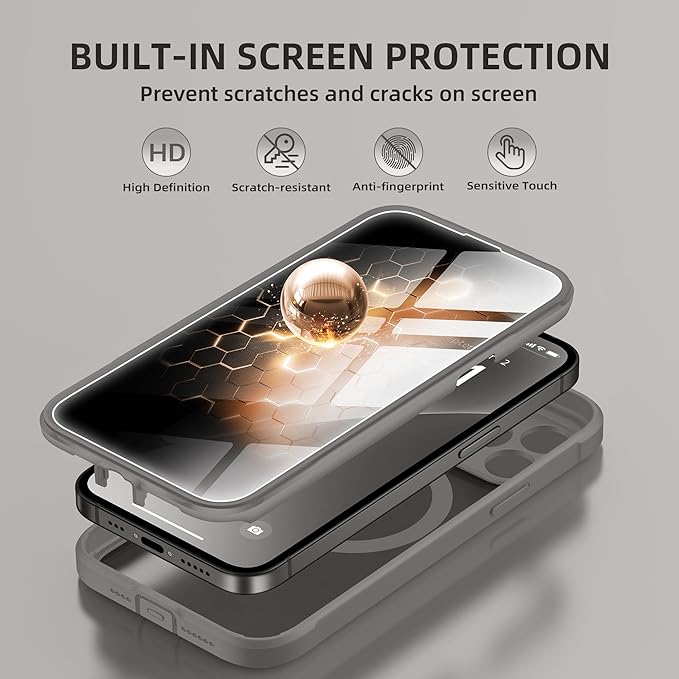 BERFY Magnetic for iPhone 13 Pro Max Case, Compatible with MagSafe, Built-in Privacy Screen Protector and Upgraded Camera Protection, Anti-Spy Full Body Shockproof Phone Case for 13 Pro Max 6.7", Grey