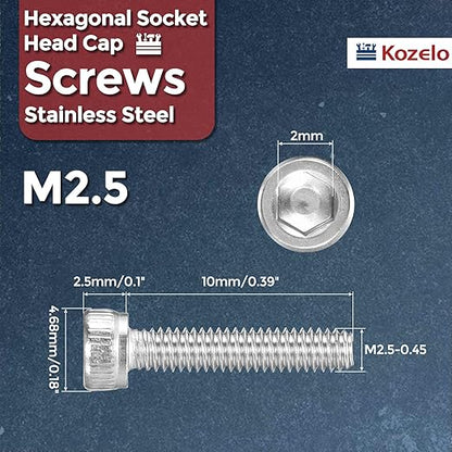 Kozelo 50pcs Socket Head Cap Screws - [M2.5-0.45 x 12mm] 304 Stainless Steel Allen Socket Drive for Electrical Motor 3D Printing Fan Engine Replacement Use, Silver