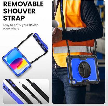timecity for iPad (A16) 11th/ 10th Generation Case 11''/ 10.9 Inch (2025/2022) - Heavy Duty Protective Cover with Screen Protector, Stand, Shoulder Strap & Pencil Holder | Kids-Friendly - Dark Blue