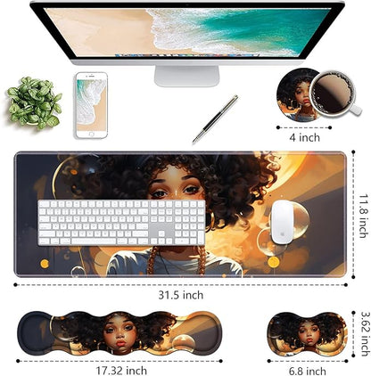 Ergonomic Keyboard Wrist Rest & Mouse Pad Wrist Rest Set, Large XXL Gaming Desk Mat 31.5"x 11.8" with Non-Slip Base, Memory Foam, Easy Typing Pain Relief for Home & Office - African American Girl
