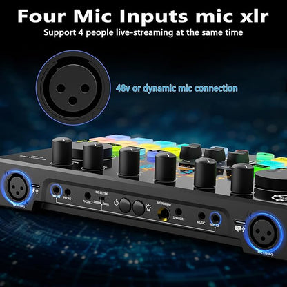 Podcast Equipment Bundle for 2, Audio Interface DJ Mixer with 48V XLR Condenser Microphone, RGB,Voice Change, for Streaming, Podcast Recording,Tiktok,PC, Smartphone COMMANDER M100 3rd