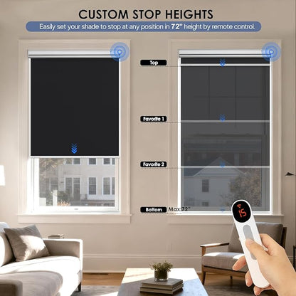 Motorized Roller Blinds with Remote Control & Solar Panel - 100% Blackout Smart Blinds, Automatic, Cordless, Electric Shades - Compatible with Alexa - Black