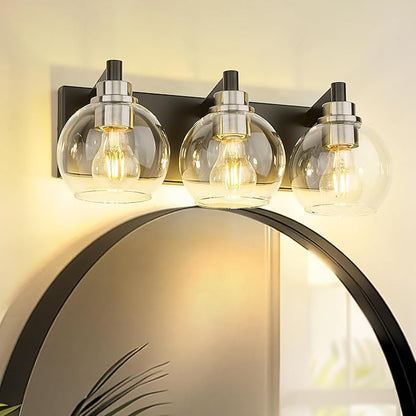 METWET Bathroom Light Fixtures, 3-Light Black and Brushed Nickel Bathroom Vanity Light, Modern Wall Sconces with Globe Clear Glass Shade, Vanity Lighting Fixtures Over Mirror, VL195-KN-3