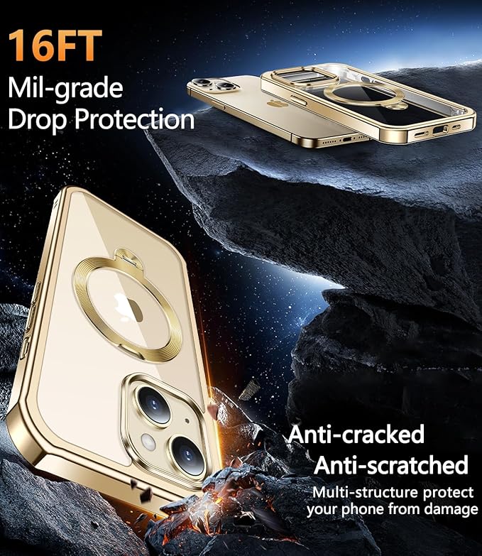 [360° Rotatable CD Stand & Built-in Privacy Screen Magnetic Case for iPhone 13 [Compatible with MagSafe & Full Signal] Mil-Grade Shockproof Full Body Anti-Spy Cover for 13-Gold