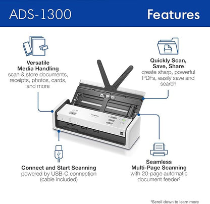Brother ADS-1300 Compact Desktop Scanner | Scan Speeds of Up to 30ppm | Single Pass Double-Sided Scanning