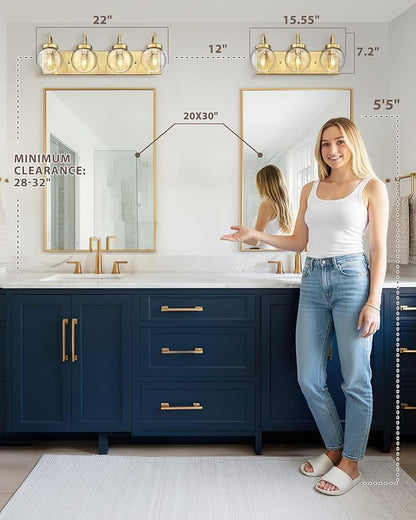 Beionxii Bathroom Vanity Light, 3-Light Brushed Gold Bathroom Light Fixtures, Modern Vanity Lights with Clear Glass Shade, Wall Sconces Lighting Over Mirror Living Room Hallway, BX-VL03BG-3CG