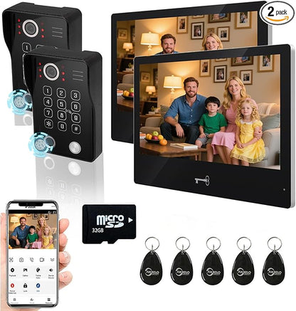 Wired Video Apartment Intercom System,Door Phone Kit,10 Inch Touch Monitor with 1080P HD Doorbell Camera,Supporting Motion Detecting 5 in 1 RFID Card Unlcking for Home Villa (2 Doorbell + 2 Monitor)