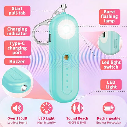 Rechargeable Personal Safety Alarm for Women - 130dB Self Defense Keychain Alarm Whistle with SOS Strobe Light, Low Battery Notice - Security Protection Devices for Kids Elderly College Essentials