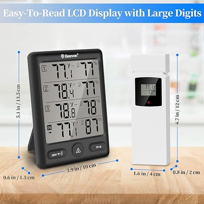 Geevon Indoor Outdoor Thermometer Wireless with 3 Remote Sensors, Digital Hygrometer Thermometer, Wireless Temperature Humidity Monitor Gauge with 200FT/60M Range (Black)