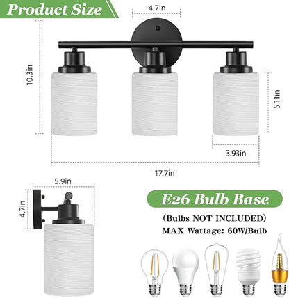 Guliaofo 3-Light Bathroom Light Fixtures, Black Vanity Lights for Mirror with Textured Milky White Glass Shade, E26 Base Modern Kitchen Light Fixtures Wall Sconce Light