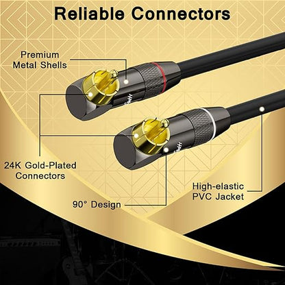 Right Angle RCA Cable 20 FT, 90 Degree 2RCA to 2RCA Stereo Audio Cable, Zinc Alloy Shell, Gold-Plated Plug, 2 RCA Audio Cord, for Home Theater, Subwoofer, HDTV, Amplifier, Hi-Fi System, Car, Speaker