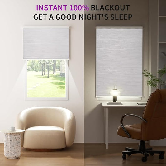Astomi Motorized Blinds with Remote - Blackout Smart Roller Shades Compatible with Alexa & Goggle Home, Solar Rechargeable, Custom Size 22" - 100" for Indoor Window, Pure Snow
