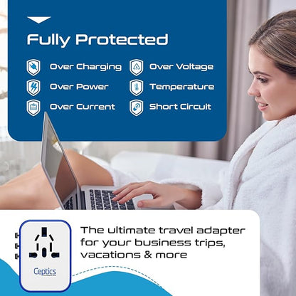 Ceptics Universal Travel Adapter Plug World Power W/ 4 USB Ports - Charge Cell Phones, Smart Watches, iPhones - For International Europe, China, UK, UAE, Australia - Type A, C, G, I