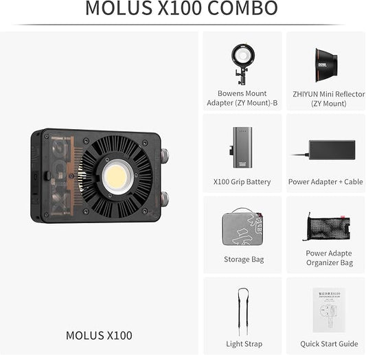 ZHIYUN MOLUS X100 Bi-color Combo 100W Video Light [Official] V2 Upgraded Version Professional Photography Lighting Portable Continuous Output Lighting 2700K~6500K CRI≥95 TLCI≥97 for Youtuber TT Photog