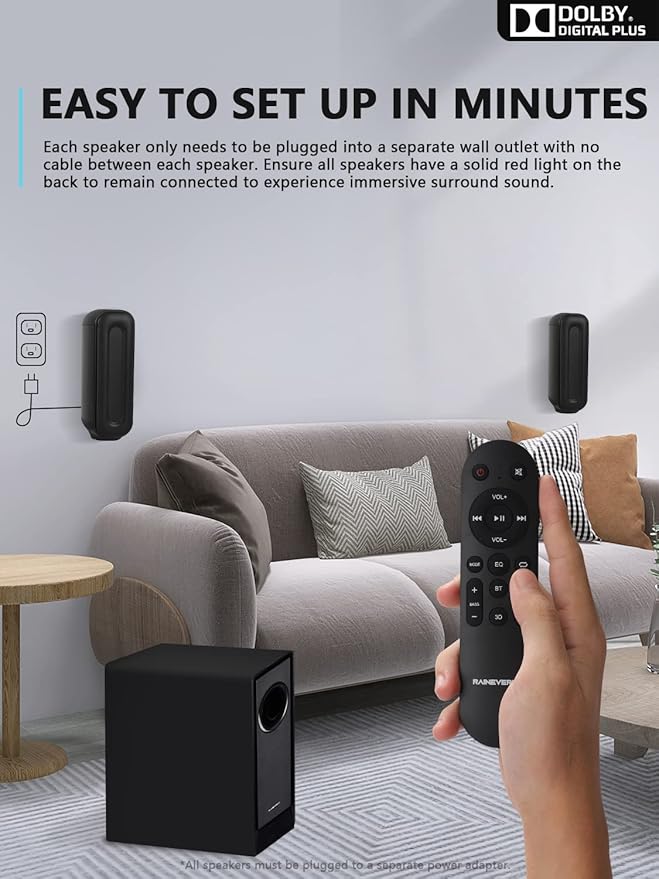 5.1 CH Surround Sound Bar with Dolby Audio, Sound Bars for TV, Wireless Subwoofer & Rear Speaker, Dolby Digital Plus, Bluetooth 5.3, Surround Sound System for Home Theater, 4K & HD TVs| HDMI & Optical
