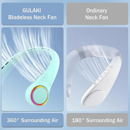 GULAKI Portable Neck Fan, Personal Fan with 4000mAh Battery, Rechargeable Neck Fan with 3 Speeds and 64 Cool Lights, Birthday Gifts for Men Women Mom Dad, Hands Free Cooling fan for Summer(Green)