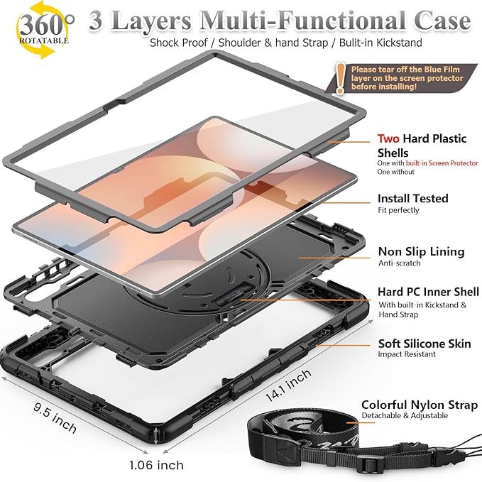 SEYMAC stock Case for Samsung Galaxy Tab S10 Ultra / S9 Ultra Tablet Case 14.6'' with Screen Protector, Pencil Holder, 360 Rotate Stand, Hand Strap, Shoulder Strap, Black1