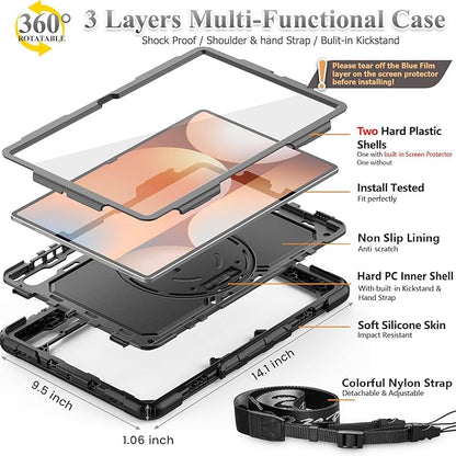 SEYMAC stock Case for Samsung Galaxy Tab S10 Ultra / S9 Ultra Tablet Case 14.6'' with Screen Protector, Pencil Holder, 360 Rotate Stand, Hand Strap, Shoulder Strap, Black1