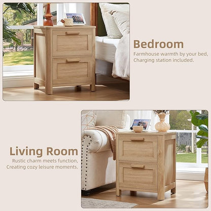Joaxswe Farmhouse Nightstand with Charging Station, End Tables Bedroom with 2 Large Drawers & 4 Thickened Table Legs, Natural Wood