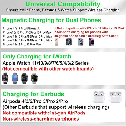 Dual Phone Wireless Charging Station for Apple Devices, Magnetic Charging Station for iPhone with Auto Switch 7-Color Light&Clock, Family Watch Charger for iPhone17 for iWatch11 for AirPods Pro3(Black