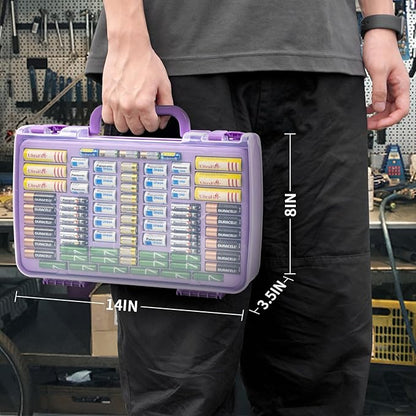 Aptbyte Battery Organizer Storage Holder Box Case with Tester- 269 Batteries Double-Sided Variety Pack, Holds AA AAA 4A C D Cell 9V 3V Lithium LR44 CR2 CR123 CR1632 18650 Button- Purple (Box Only)