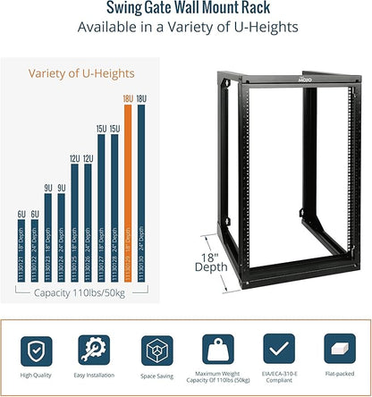 Tecmojo 18U Wall Mount Rack, Server Rack,Open Frame Server Rack,Network Rack for 19inch Computer/AV/Data/IT/Media Equipment,18inch Depth,16inch Apart Mounting Holes,Swing Gate,Square and Tapped Holes