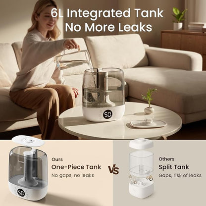 Provirtec 6L Self-Cleaning Humidifier for Large Room, CleanCare Warm & Cool Mist, No-Leak Design & Top Fill, 60 Hour Runtime, Quiet Ultrasonic Auto Mode with Remote Control for Bedroom & Home