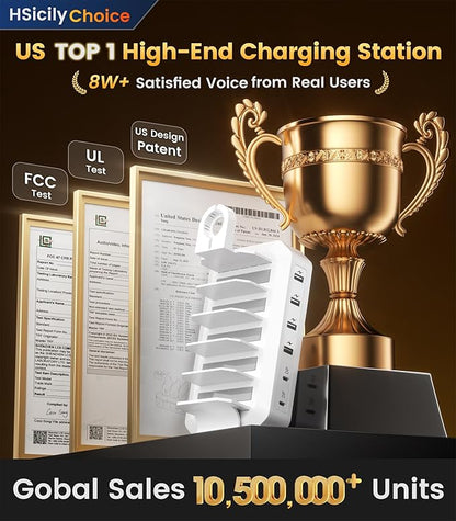 95W Fast Charging Station for Multiple Devices【UL & FCC Certified Safer Charging】 6-Port USB Charging Dock with 2 PD-Port, Compatible with iPhone/Android/MacBook/iPad/Tablet/Kindle/Apple Watch & More