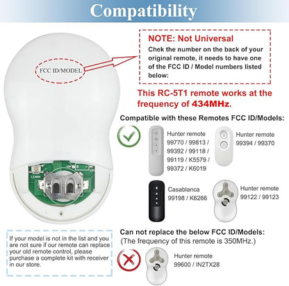 Ceiling Fan Remote Control Replacement for Hunter, Compatible with Hunter Remote 99122/99123, 3 Speed, Light Dimmer, 434MHz, Easy to Set with Mount Holder, Remote only - Receiver Not Included