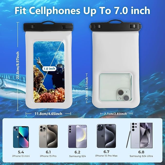 Floatable Soap Bubble Waterproof Phone Pouch/Case with Crossbody Lanyard for iPhone 16 Pro Max/15 Pro/14/13/12, IP68 Cellphone Dry Bag Beach Cruise Ship Essentials, 1 Pack-Sand Dollar-7″