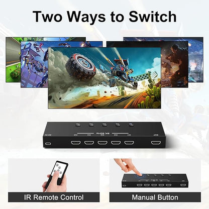 8K 5 in to 1 Out HDMI Switcher，5 Way HDMI Converter & Infrared Remote Control - Ideal for Nintendo Switch/OLED/Xbox PS5/4/3 Blu-Ray Player Fire TV Stick Roku Apple TV Chromecast PC