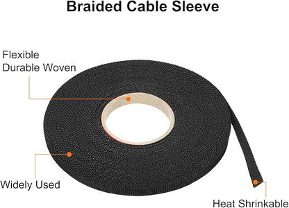 MECCANIXITY Braided Cable Sleeves Heat Shrinkable Fabric Sleeving, 1/4" 60ft Black 2:1 Ratio Heat Shrinkable Cord Protector for Harness Cable, Network Cable Protection, Cable Management