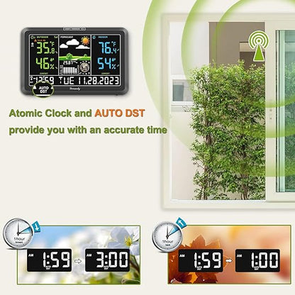DreamSky Weather Station Indoor Outdoor Thermometer Wireless with Digital Atomic Clock for Home, Large Display with Dimmer, USB Port, Inside Outside Temperature Humidity Monitor (Adapter Powered)