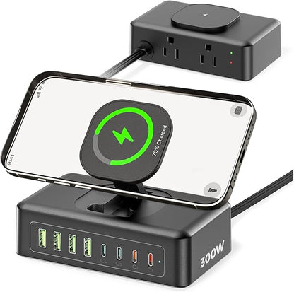11-in-1 Charging Station USB-C Power Strip, 300W USB C Charger Block, 2AC Outlets 8USB Ports(4USB-C) Surge Protector, 5FT Flat Plug Extension Cord, PD110W Desktop Fast Charging for Home Office, Black