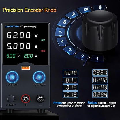 Wanptek DC Power Supply Variable 62V 5A, Bench Power Supplies with Encoder Adjustments Knob, USB Fast Charge Port with Output Current Display, 4-Digit LED Display