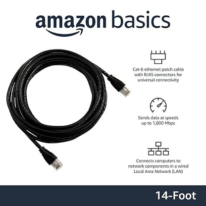 Amazon Basics RJ45 Cat 6 Ethernet Patch Cable, 1Gpbs Transfer Speed, Gold-Plated Connectors, 14 Foot for PC, TV, Tablet, Router, Printer, Black