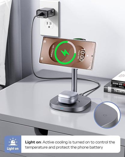 Magnetic Wireless Charger for Samsung, Qi2 Certified Fast 15W 3 in 1 Charging Station TEC Cooling Compatible with Magsafe Charger for Galaxy S25 Ultra/S24/Z Fold 7/Flip7/Samsung Watch Ultra 8/Buds