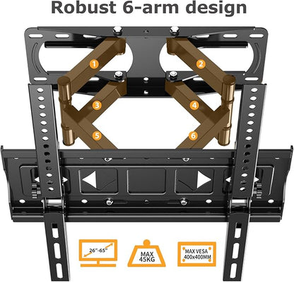 WNJQBY Full Motion TV Wall Mount for Most 26-65 Inch Flat/Curved 4K LED LCD TVs, Rotate Articulating Arms Swivel and Tilt Wall Mount TV Bracket Max VESA 400X400 mm,Fits 12″/16″ Wood Studs