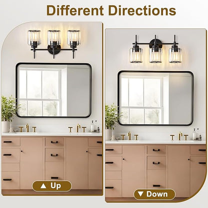 EJIAXIN 3 Light Crystal Vanity Light, Bathroom Lighting Fixtures Over Mirror Black Crystal Wall Light Bath Wall Lighting Modern Bath Wall Sconce Lighting for Bedroom Living Room