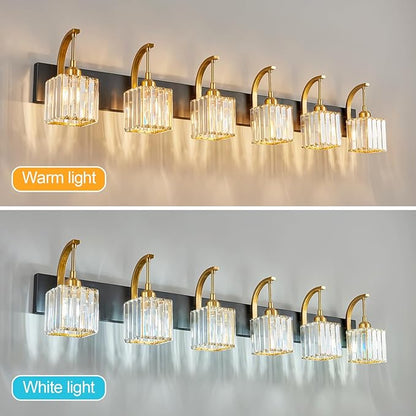 FDPBY Crystal Vanity Lights 6-Light Black Gold Bathroom Vanity Lights Modern Crystal Bathroom Light Fixtures Over Mirror 51.18" Long Vanity Light for Bathroom