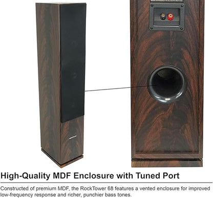 Rockville RockTower 68D 400W Passive Tower Speaker 8 Ohm, Deep Bass, High-Fidelity Sound, Sleek Dark Wood Design, for Home Audio Enthusiasts
