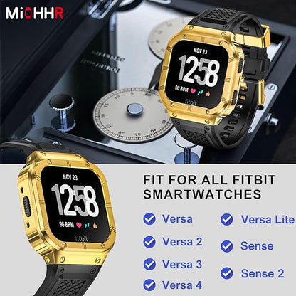 MioHHR Stainless Steel Case and Band Compatible with Fitbit Versa 4/3/2/Lite/Sense/Sense 2 Bands with Metal Case, Rugged Sports Protector Cover Silicone Wristbands for Men, Gold