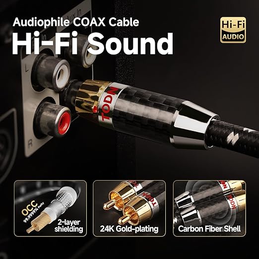 TODN 75-Ohm Coaxial Digital Audio Cable Audiophile 24K Gold-Plated RCA Male Connector SPDIF Coax Cable with OCC-Core, Dual Shielded for Subs/TVs/Apms (4.9ft /1.5m)