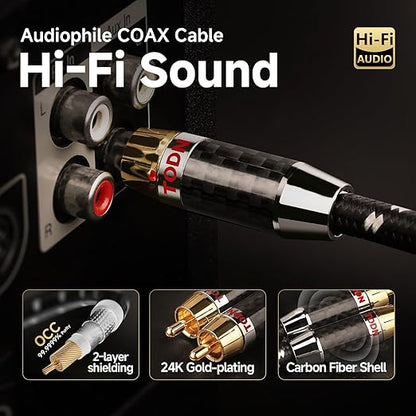 TODN 75-Ohm Coaxial Digital Audio Cable Audiophile 24K Gold-Plated RCA Male Connector SPDIF Coax Cable with OCC-Core, Dual Shielded for Subs/TVs/Apms (4.9ft /1.5m)