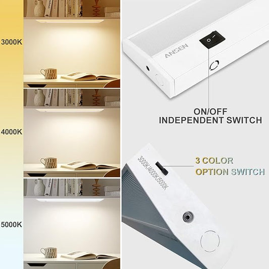 Ansen 2Packs of Under Cabinet Lighting Hardwired, 24in 18W 1237LM Dimmable Led Light for Kitchen/Closet, CRI 92+, R9 90+, 3 Color Temperature, 3000K/4000K/5000K(Warm White, Cool White, Daylight)